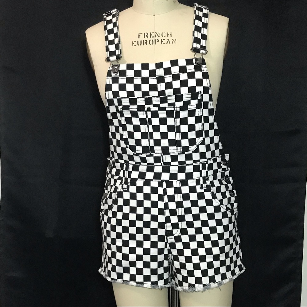 Black and white checkered short overalls